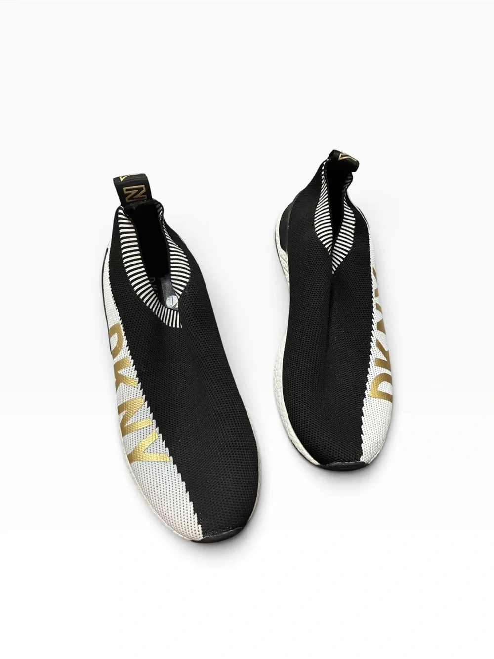 DKNY Abbi Black White Gold Knit Slip On Sneakers Women’s